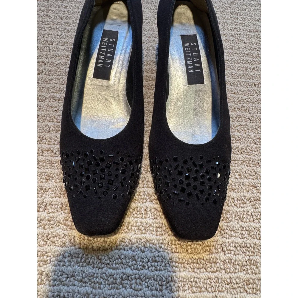 Stuart‎ Weitzman Black Satin Embellished Toe Pumps Heels Womens 8B Square Toe